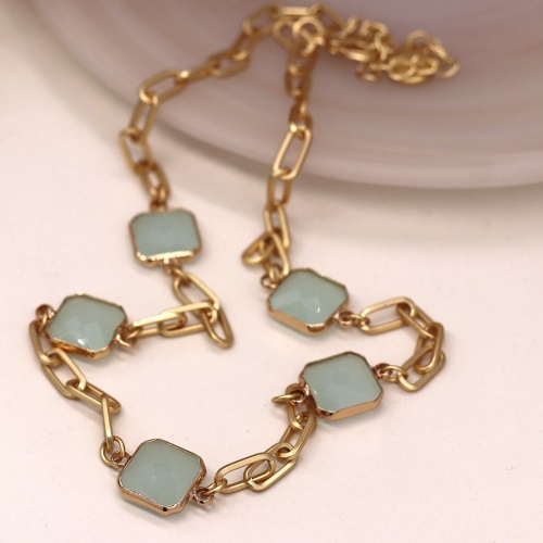 Golden Necklace with Aqua Mix Square Stones by Peace of Mind
